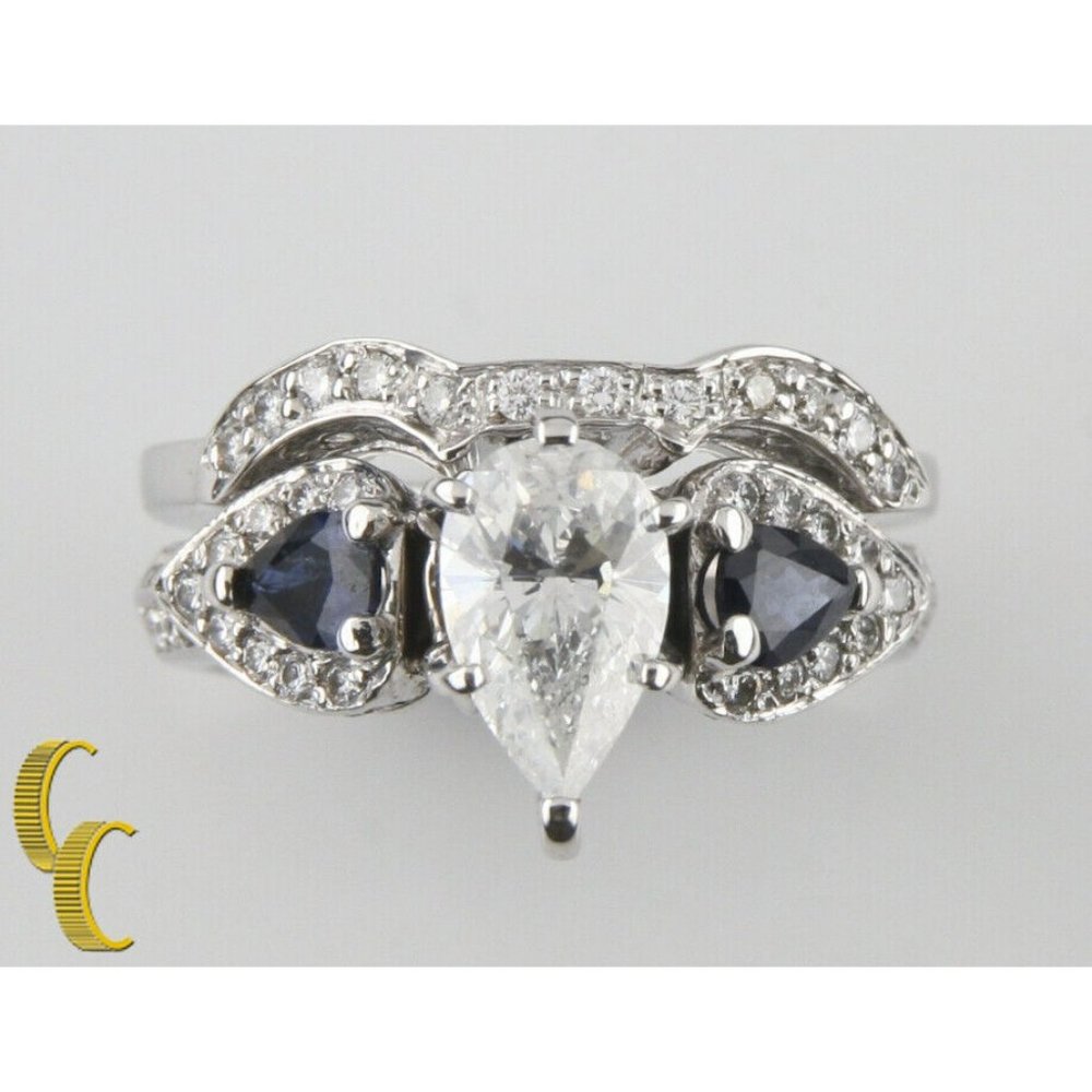 2.00 carat Diamond & Sapphire 18k White Gold Wedding Ring Set Size 7.25